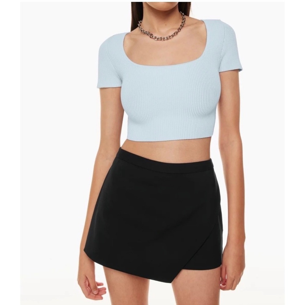 Babaton Sculpt Knit Square Neck Crop Top Light Blue Ribbed Short Sleeve Medium M